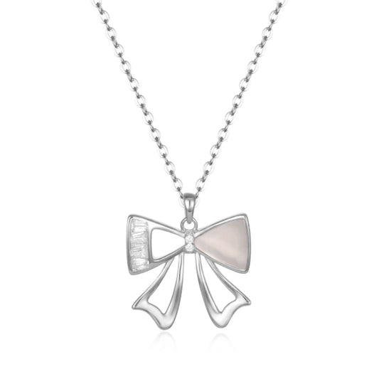 Rhodium Plated Sterling Silver Mother of Pearl and CZ Baguette Bowknot Pendant - HK Jewels