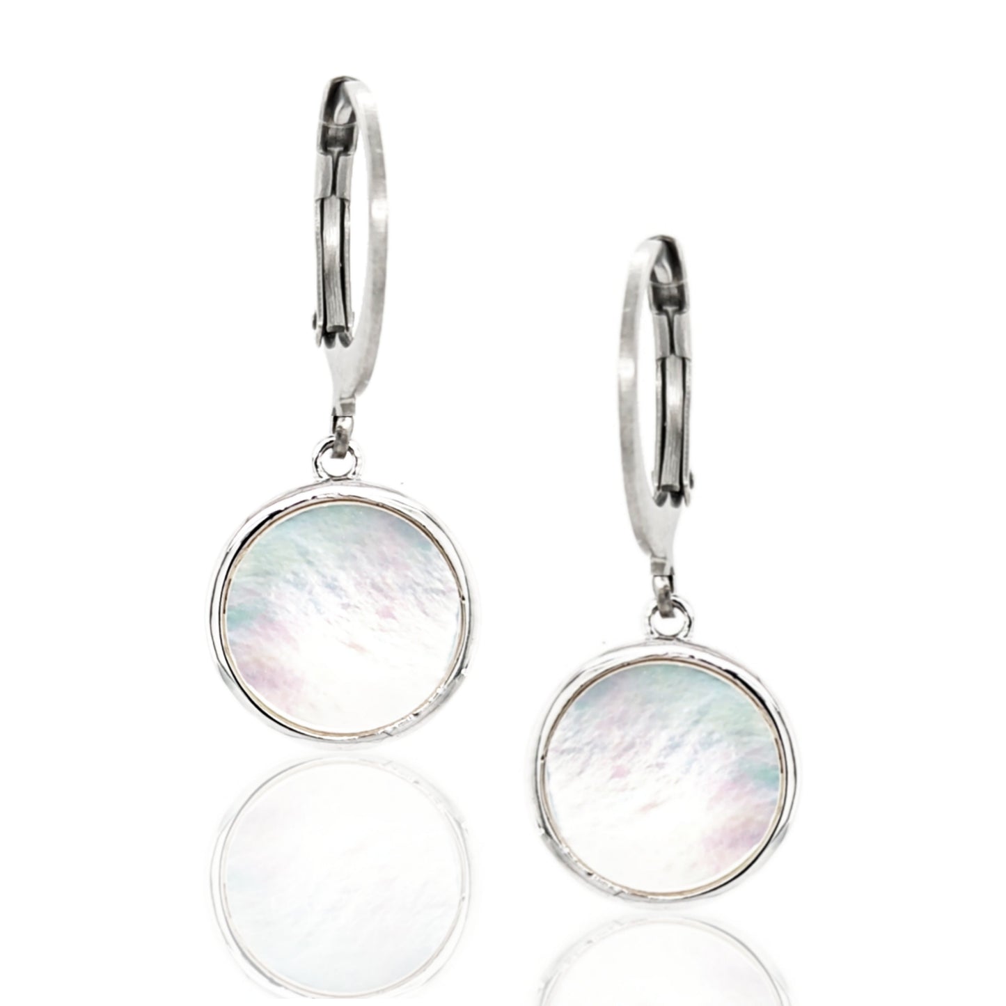 Surgical Steel with Sterling Silver Mother of Pearl Circles Leverback Earrings - HK Jewels