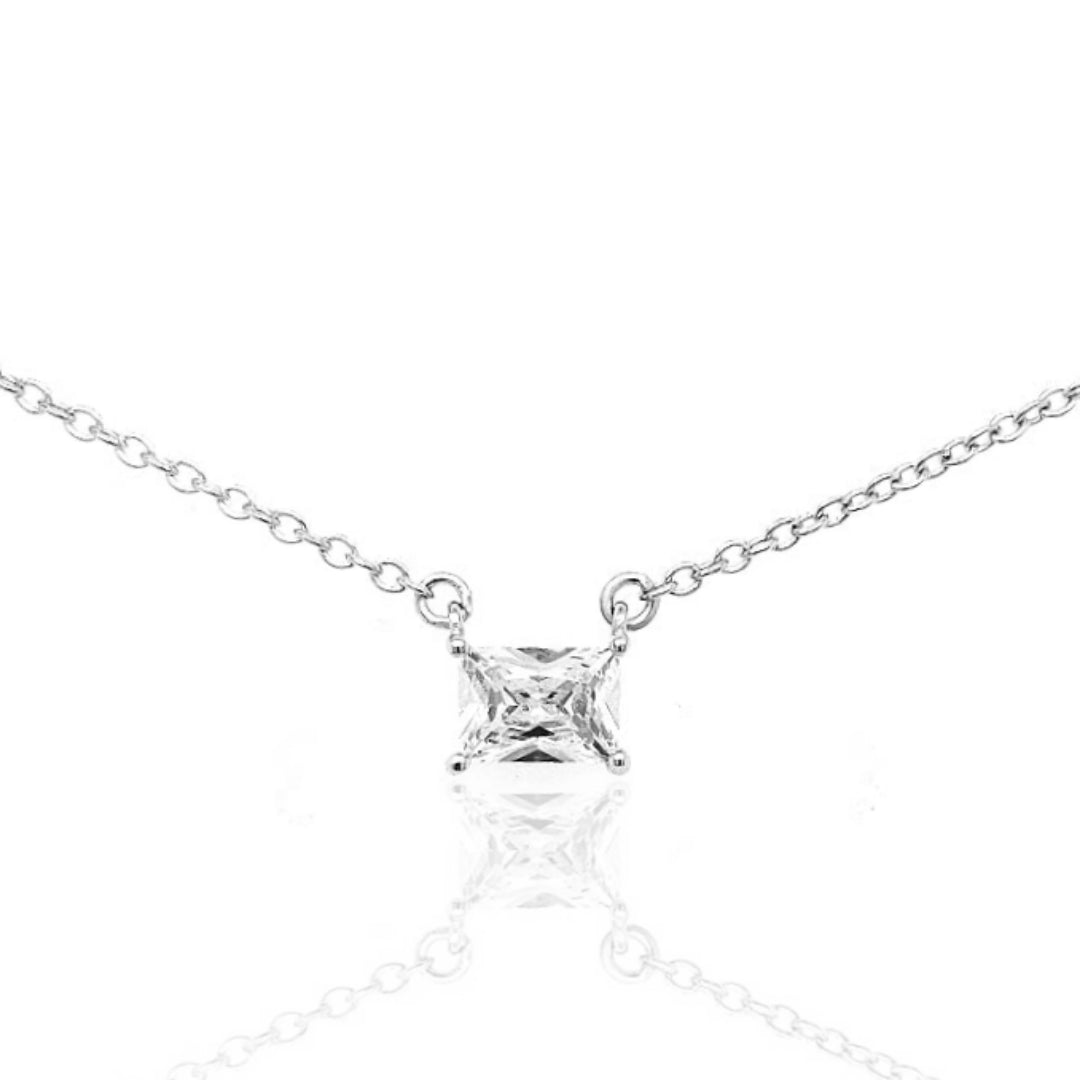 Sterling Silver Emerald Shape CZ Solitaire Necklace - HK Jewels