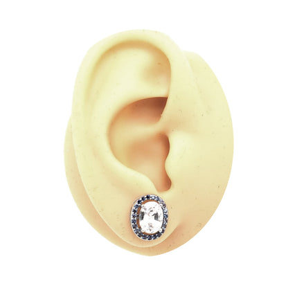Sterling Silver Blue CZ Halo with Center Clear CZ Stud Earring - HK Jewels