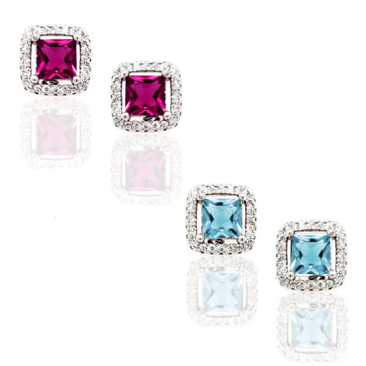 Sterling Silver Square Colored Stone Stud Earrings - HK Jewels