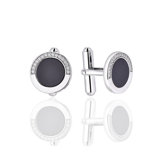 Sterling Silver and Black Onyx Half Micropave Bezel Round Cufflinks - HK Jewels