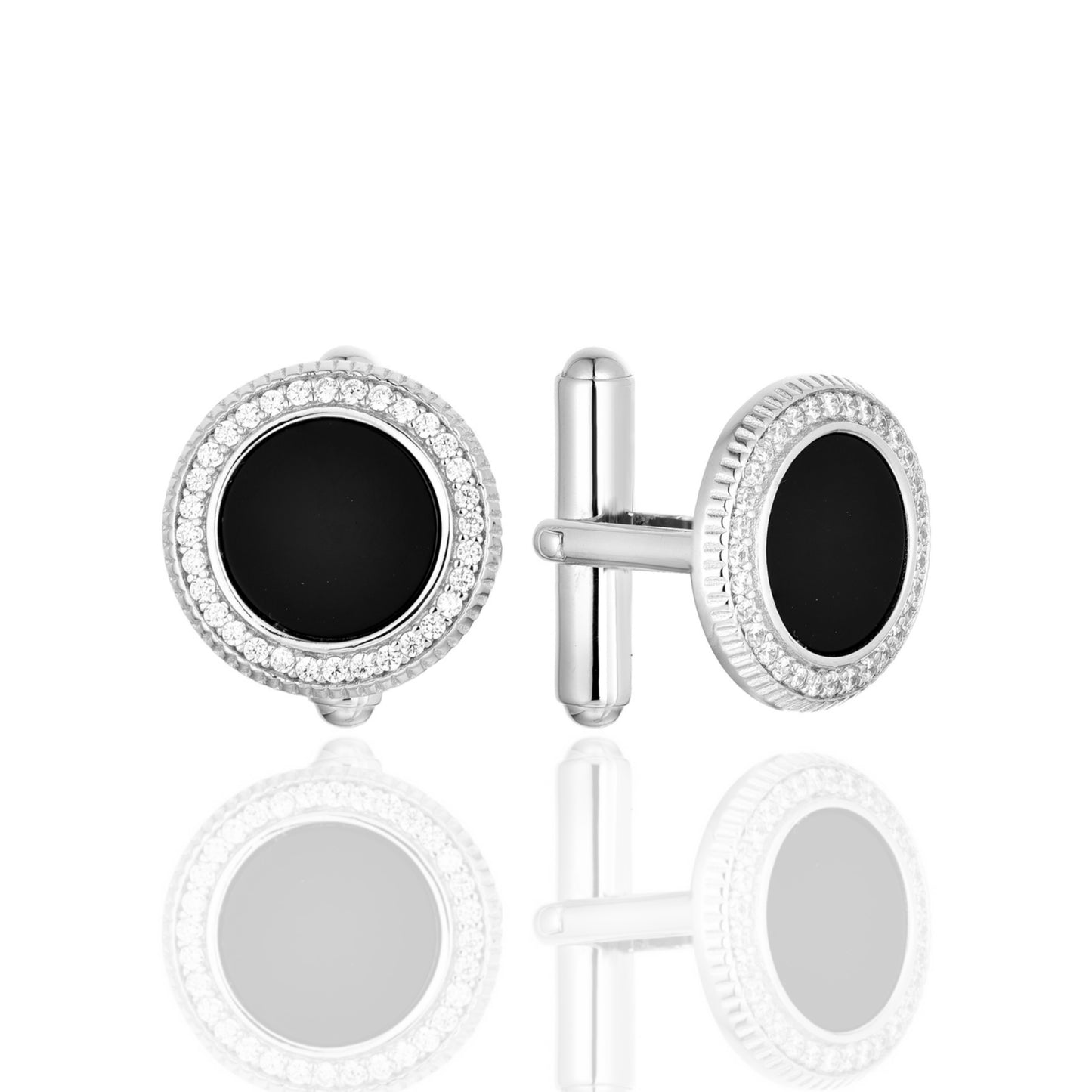 Sterling Silver and Black Onyx Micropave Bezel Round Cufflinks - HK Jewels