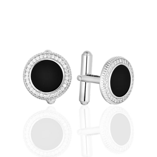 Sterling Silver and Black Onyx Micropave Bezel Round Cufflinks - HK Jewels