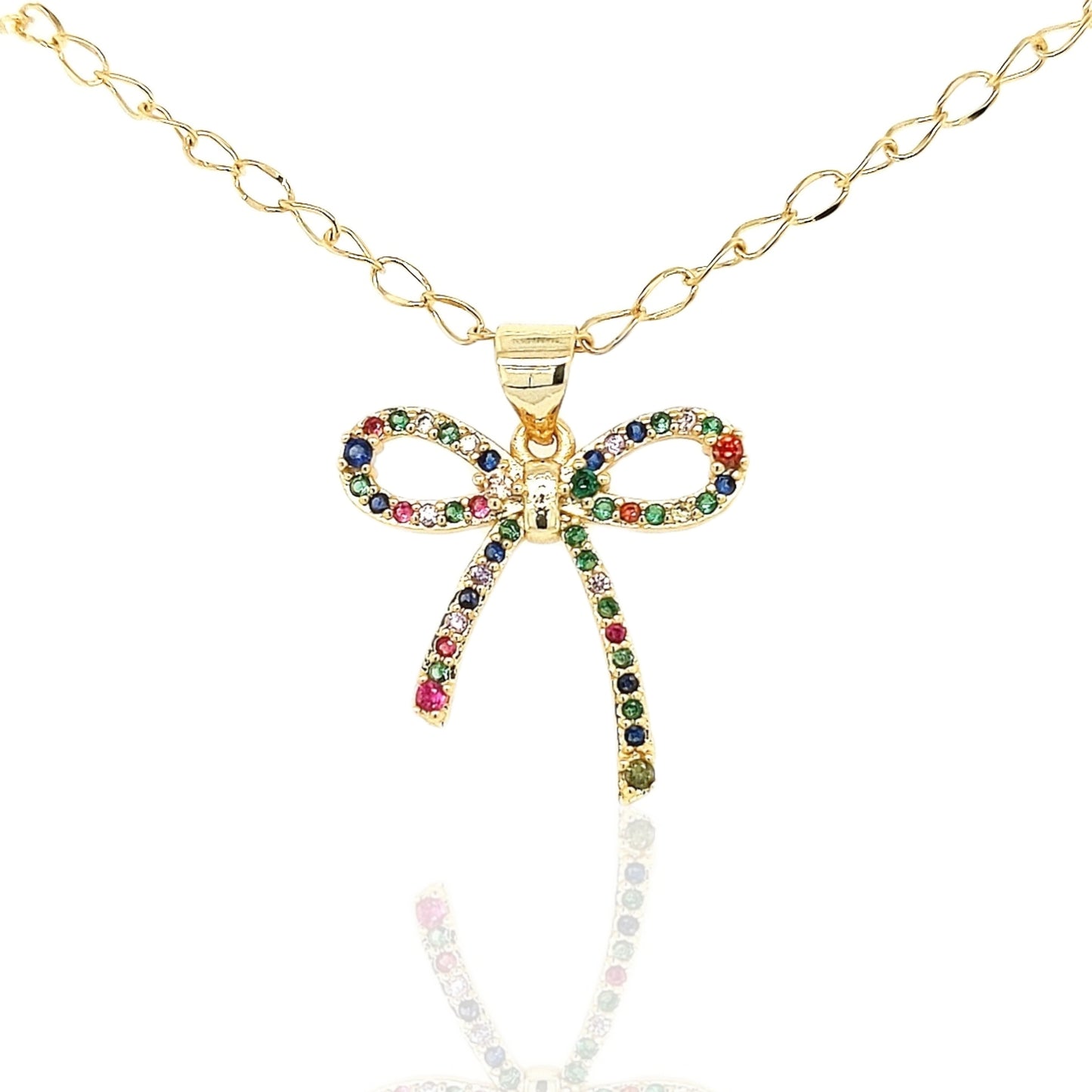 Gold Plated Multicolor CZ Bow Necklace - HK Jewels