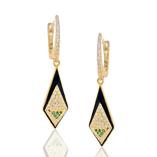 Gold Plated Sterling Silver CZ And Green Spinel Kite Shaped Earrings - HK Jewels
