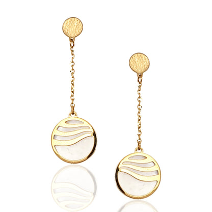 14K Gold Mother Of Pearl Circle With Gold Waves Long Hanging Earrings - HK Jewels