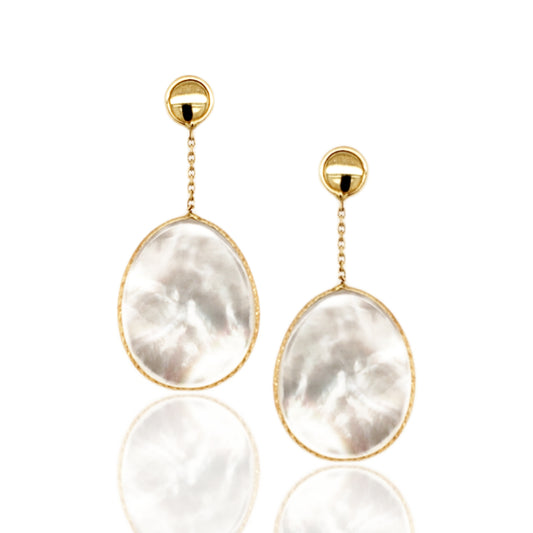 14K Gold Diamond Cut Mother Of Pearl Oval Hanging Earrings - HK Jewels