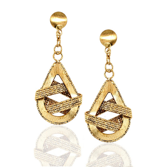 14K Gold Diamond Cut Weaved Teardrop Hanging Earrings - HK Jewels