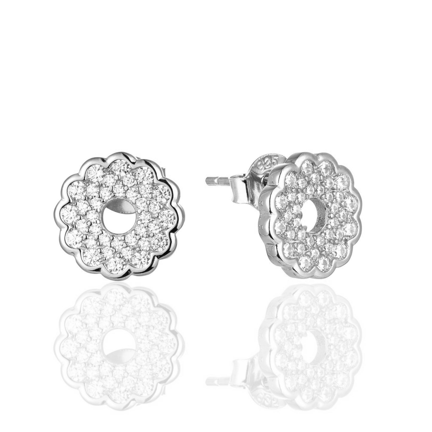 Sterling Silver Micropave Flower Open Circle Stud Earrings - HK Jewels