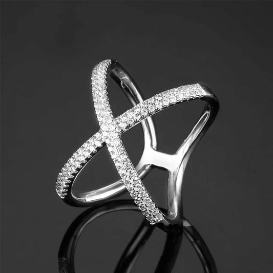 Sterling Silver Double Row CZ Crossover Elegant Ring - HK Jewels