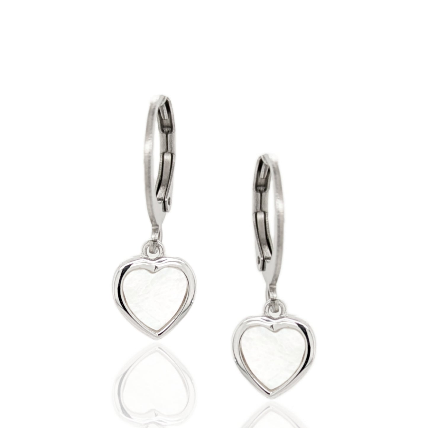 Surgical Steel with Sterling Silver Mother of Pearl Hearts Leverback Earrings - HK Jewels