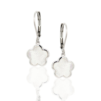 Surgical Steel with Sterling Silver Mother of Pearl Flowers Leverback Earrings - HK Jewels