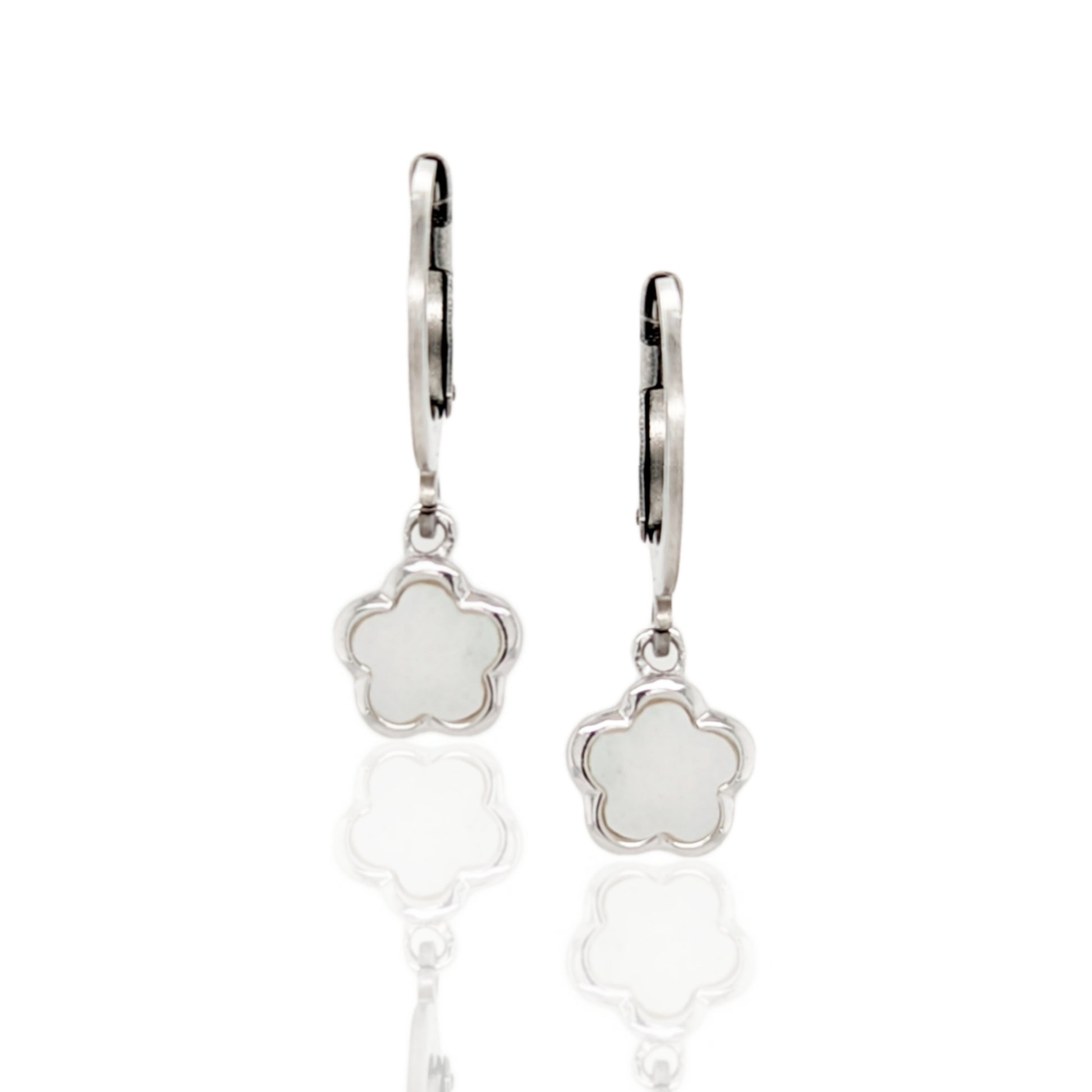Surgical Steel with Sterling Silver Mother of Pearl Flowers Leverback Earrings - HK Jewels