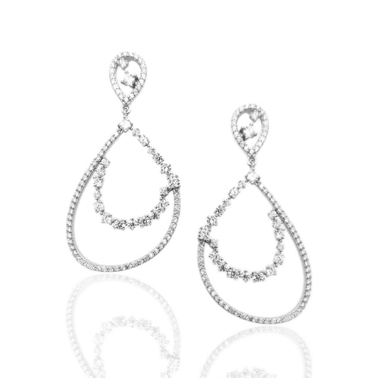 Sterling Silver Asymmetrical Teardrop with Sprinkled Czs in Center Earring - HK Jewels