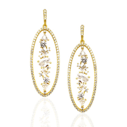 Gold Plated Sterling Silver Baguette And CZ Oval Earrings - HK Jewels