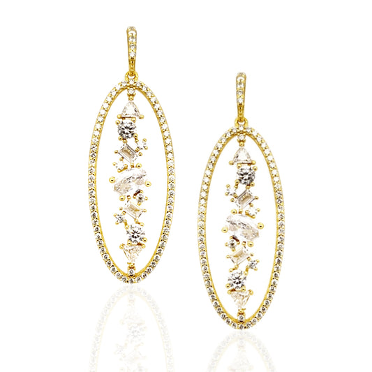 Gold Plated Sterling Silver Baguette And CZ Oval Earrings - HK Jewels