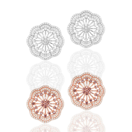 Rhodium or Rose Gold Plated Sterling Silver Micropave CZ Large Flower Stud Earring - HK Jewels