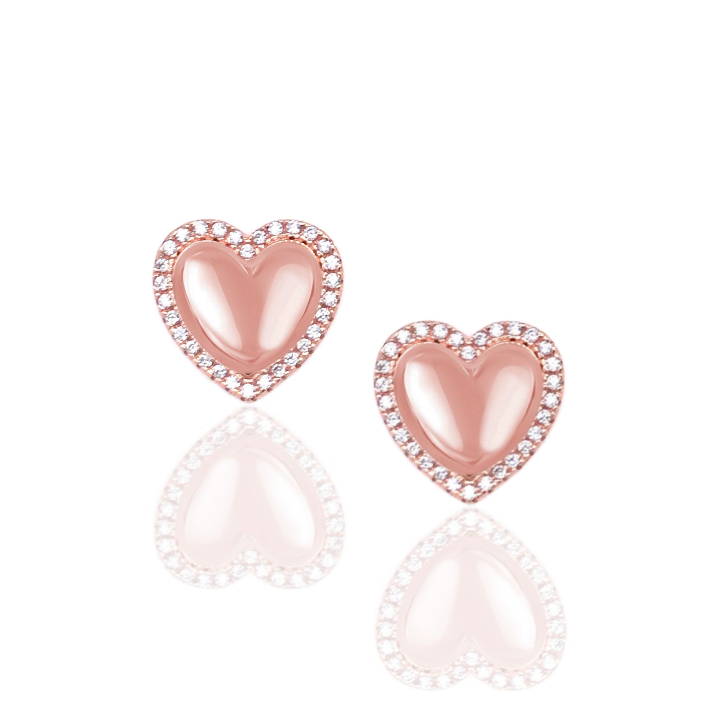 Rose Gold Plated Sterling Silver Heart Stud Earrings Outlined in Micropave CZs - HK Jewels