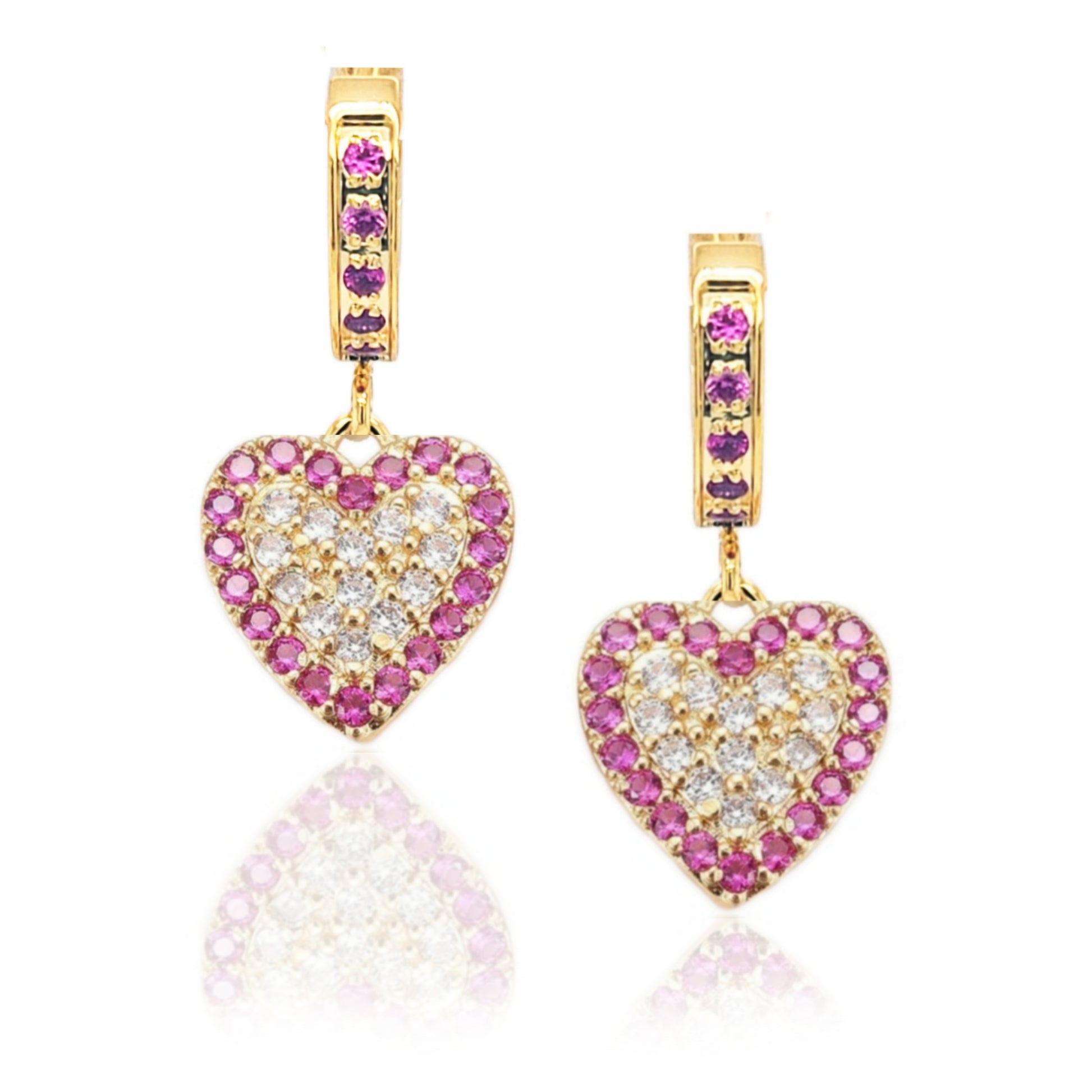 Surgical Steel CZ Heart with Fuchsia CZ Border Earrings - HK Jewels