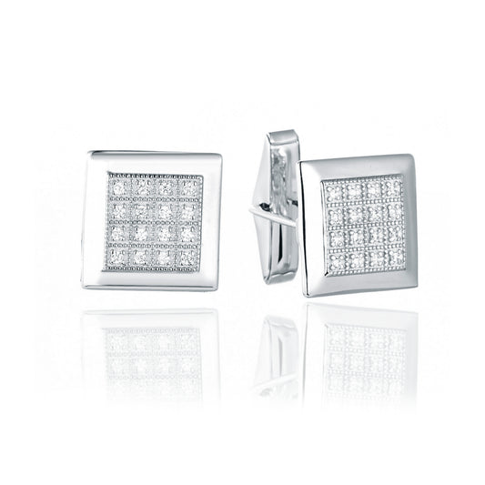 Sterling Silver Micropave 16 Stone Square Cufflinks - HK Jewels