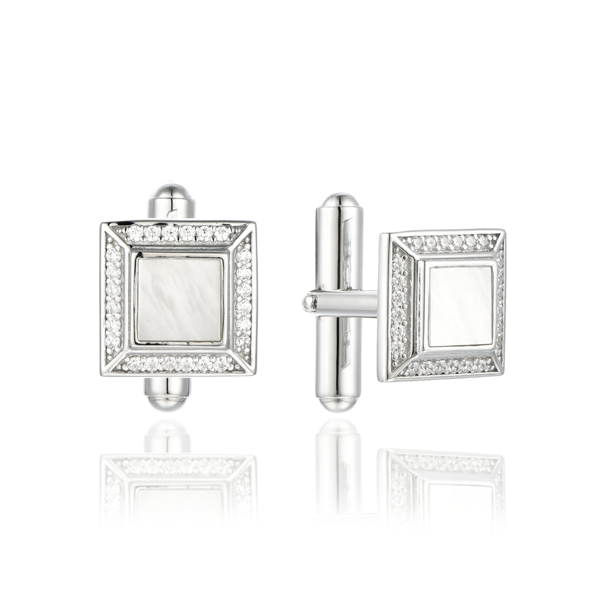 Sterling Silver Micropave 3D Square Cufflinks With White Shell Center - HK Jewels