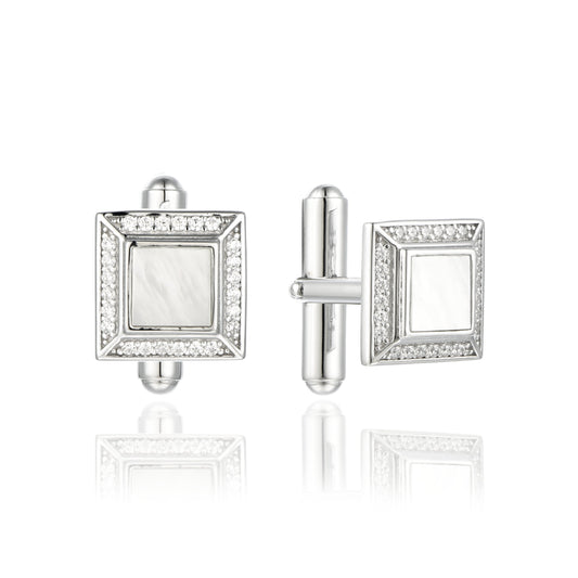 Sterling Silver Micropave 3D Square Cufflinks With White Shell Center - HK Jewels