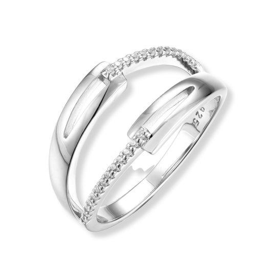 Sterling Silver Micropave Double Link and CZ Bar Ring - HK Jewels