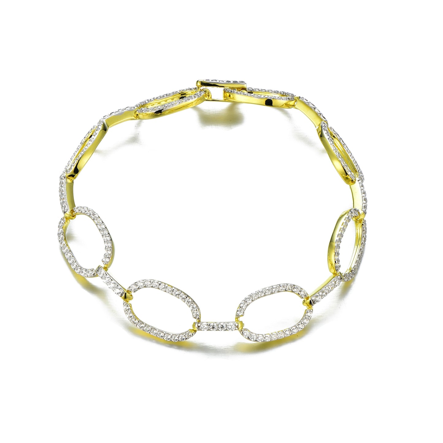 Gold Plated Sterling Silver Micropave CZ Oval Link Bracelet - HK Jewels