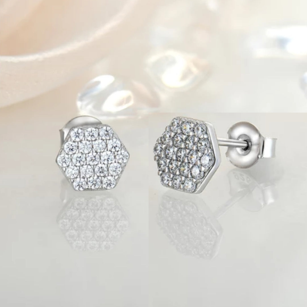Sterling Silver Micropave Hexagon Stud Earrings - HK Jewels