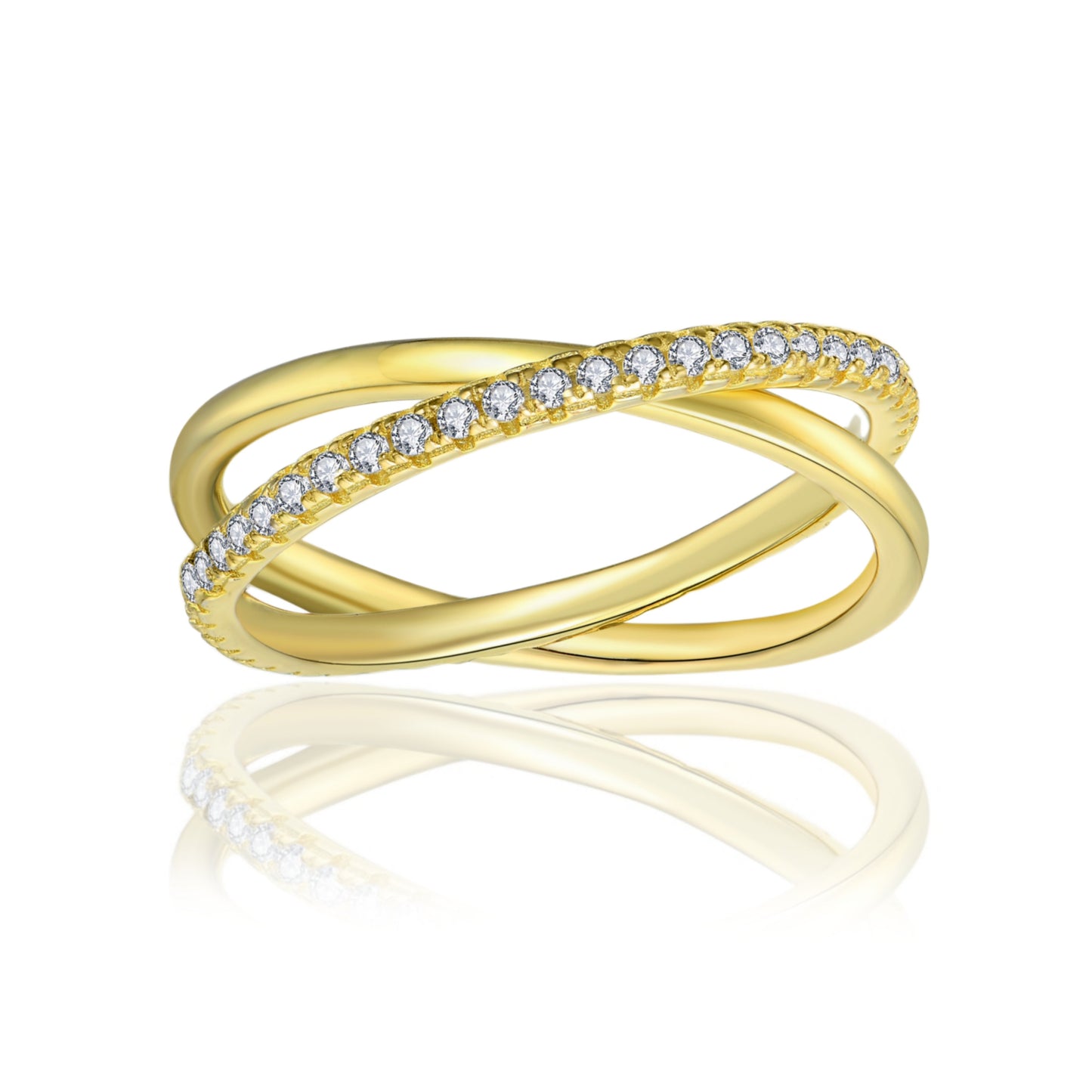 Gold Plated Sterling Silver Micropave Crossover CZ Ring - HK Jewels