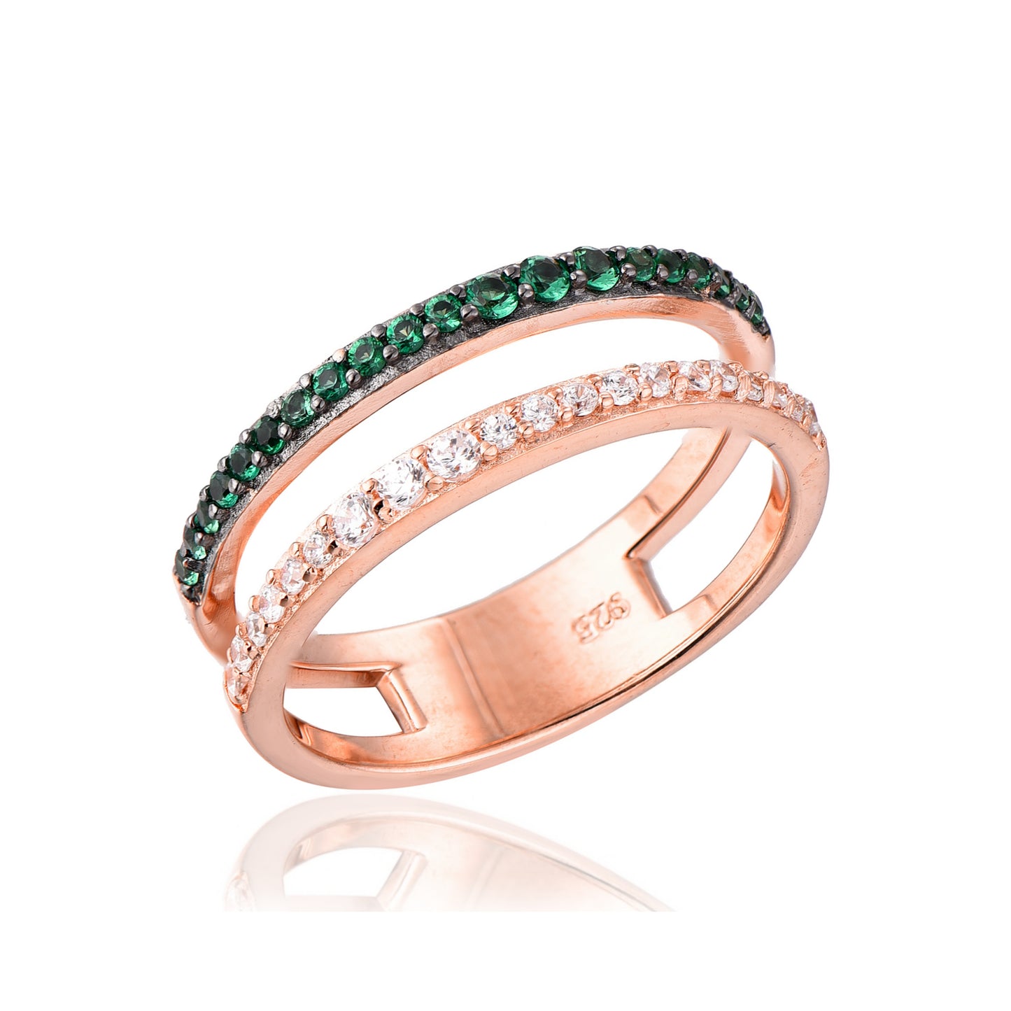 Rose Gold Plated Sterling Silver Micropave Two Row Emerald and Diamond Colored CZ Ring - HK Jewels