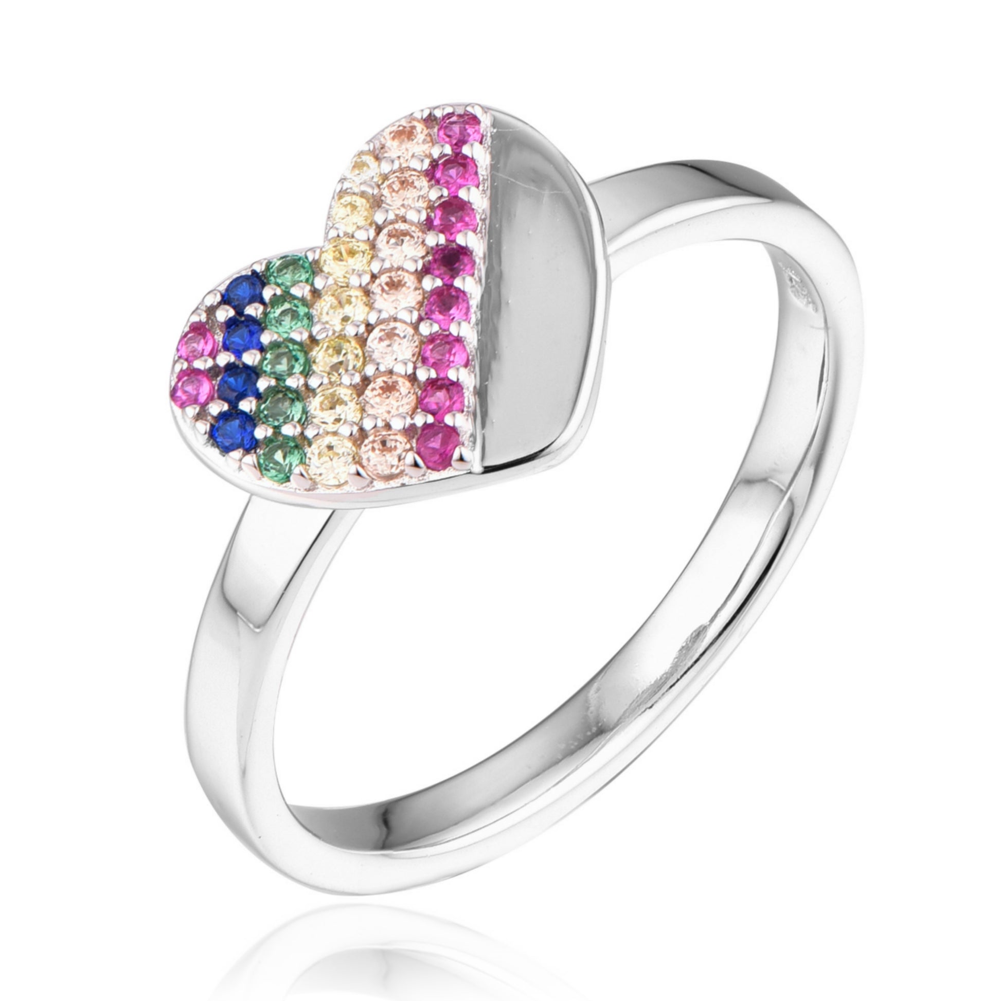 Sterling Silver Multicolor CZ Heart Ring - HK Jewels