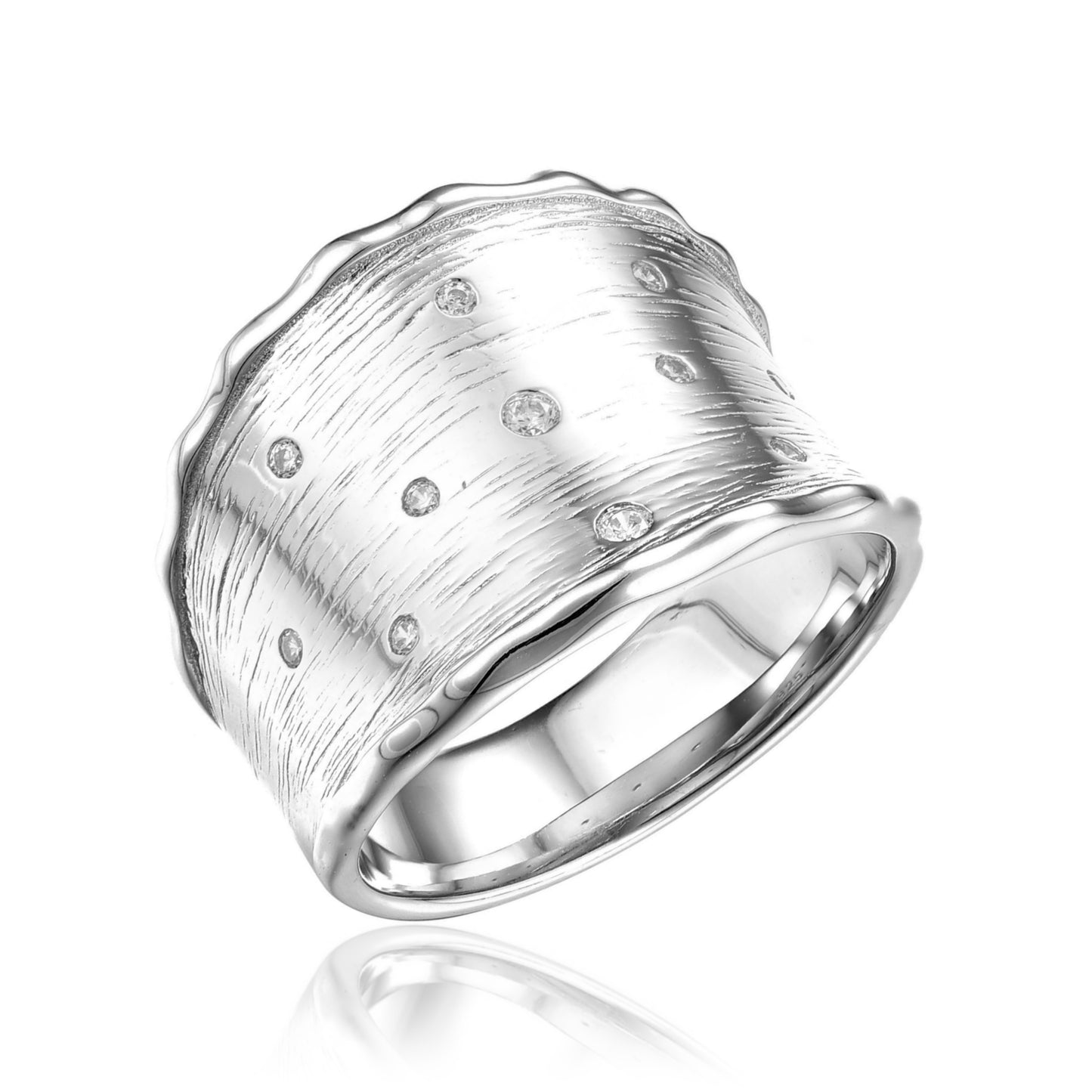 Sterling Silver Sprinkled CZ Wide Textured Ring - HK Jewels