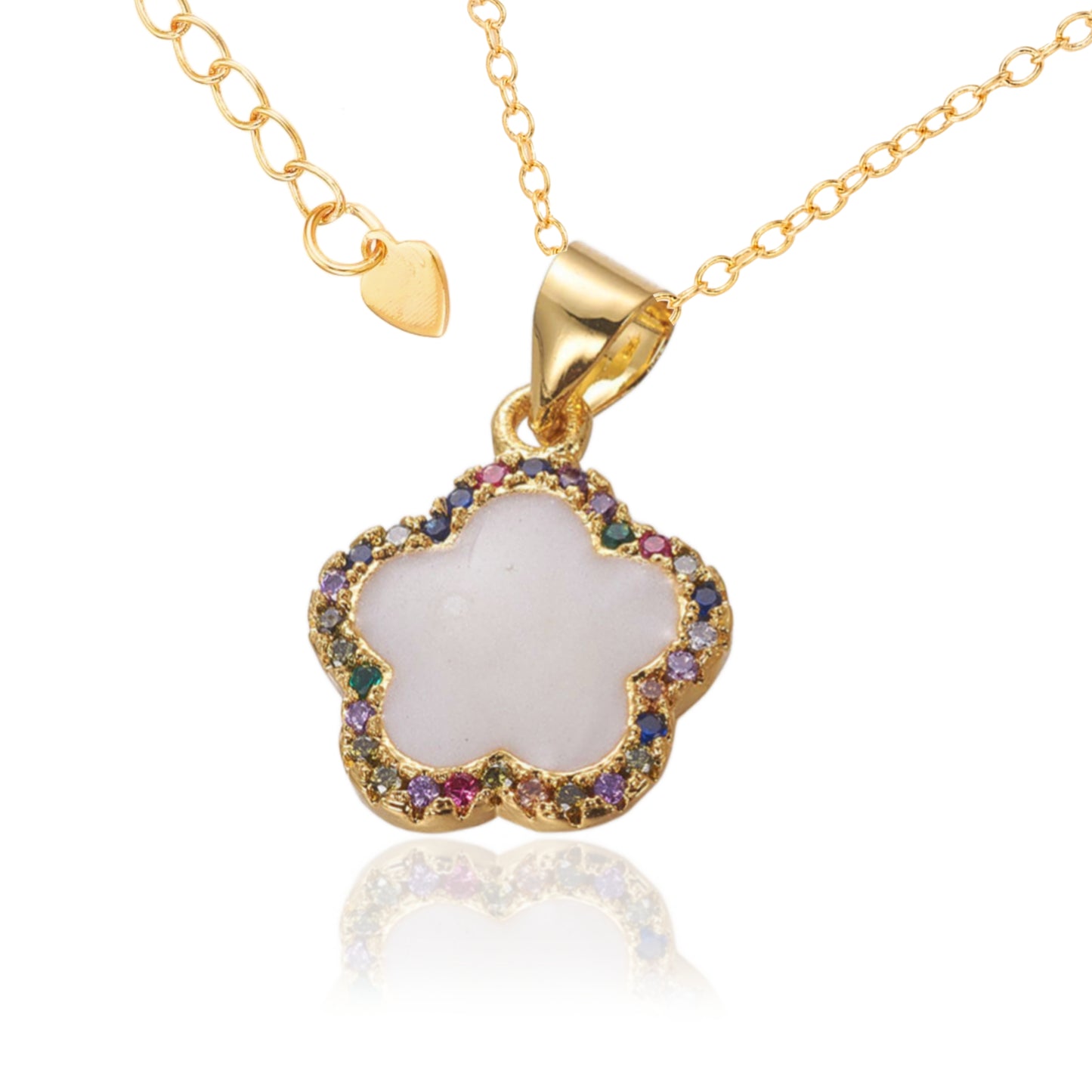 Colorful CZ Border White Enamel Flower Necklace - HK Jewels