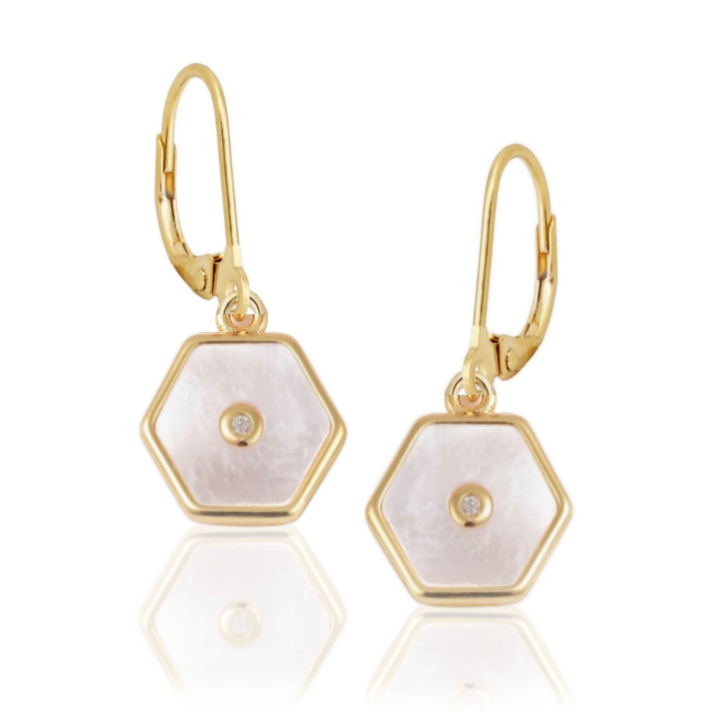 CZ Center Hexagon Shape Mother of Pearl Surgical Steel Earrings - HK Jewels