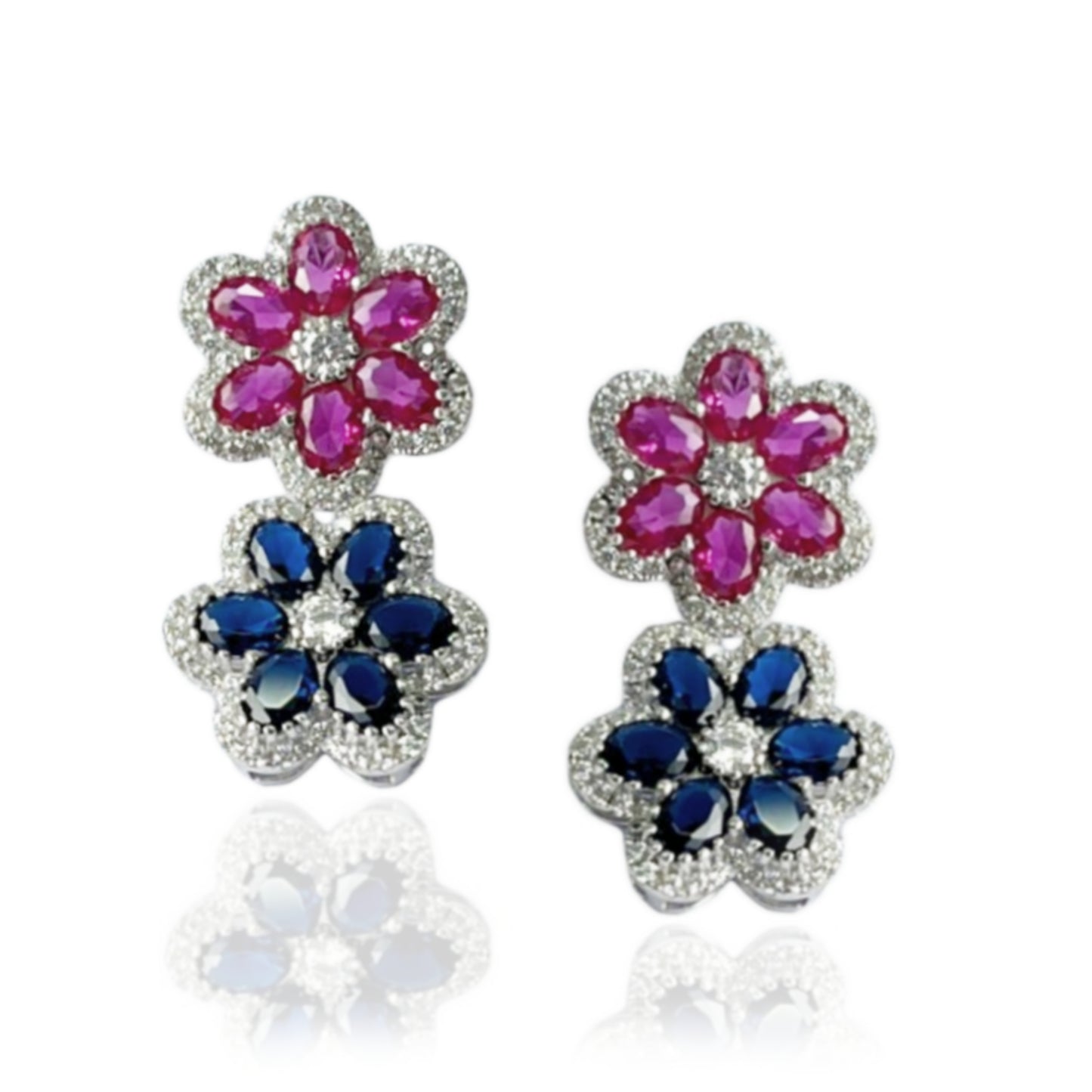 Sterling Silver Sapphire and Ruby Colored CZ Double Flower Earring - HK Jewels