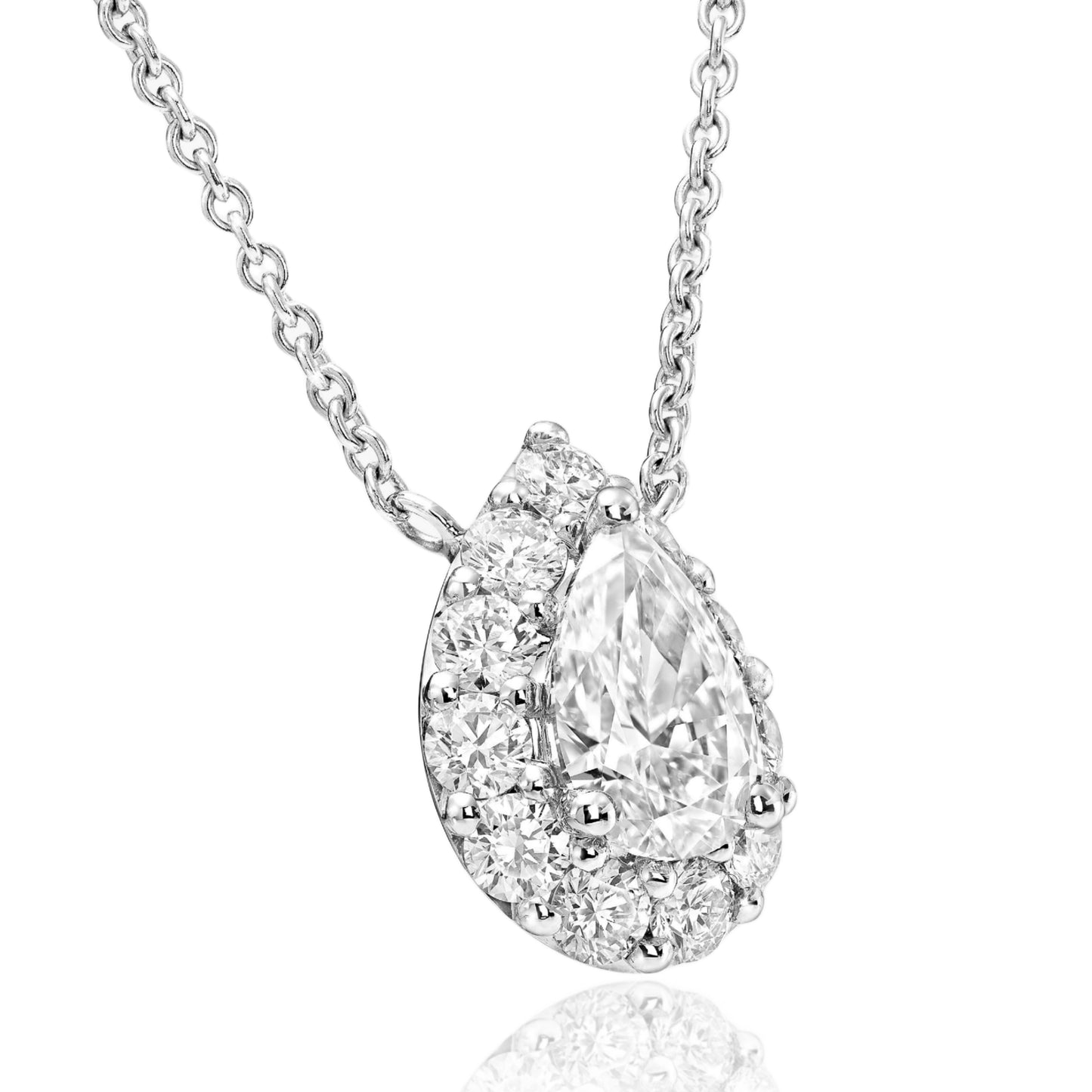 Sterling Silver Micropave Border CZ Pear Shaped Halo Solitaire Pendant - HK Jewels