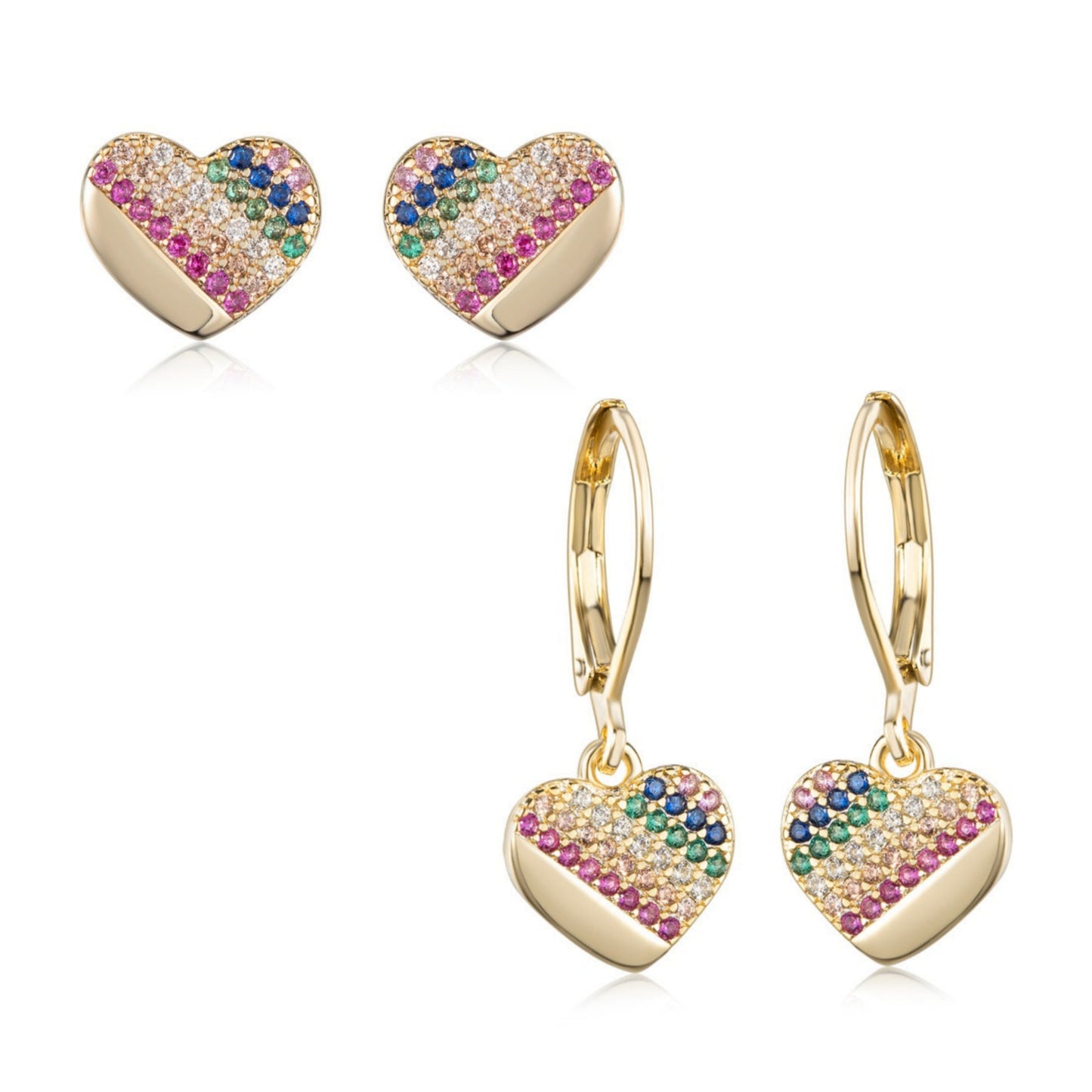 Gold Plated Surgical Steel ¾ Colorful CZ Heart Shaped Earrings - HK Jewels