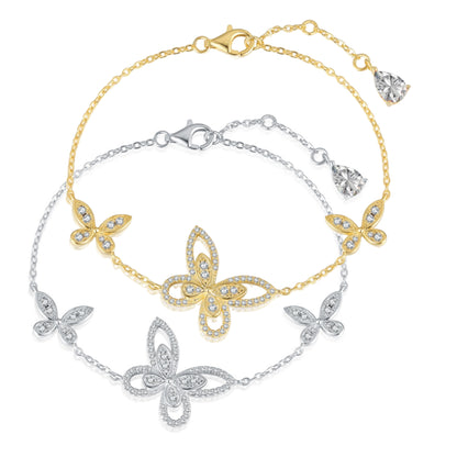 Sterling Silver Adjustable 3 Micropave (Center is Outlined) Butterflies Bracelet - HK Jewels