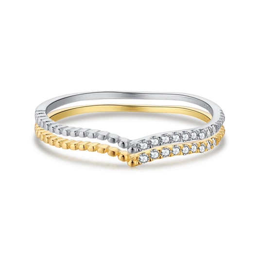 Sterling Silver V Shaped Half Micropave Stacking Ring - HK Jewels