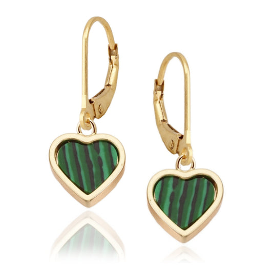 Gold Plated Simulated Malachite Framed Heart Surgical Steel Earrings - HK Jewels