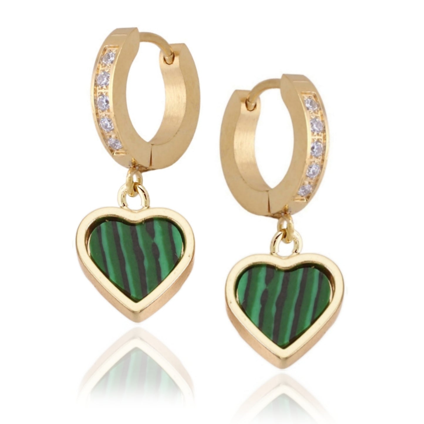 Gold Plated Simulated Malachite Framed Heart Surgical Steel Earrings - HK Jewels