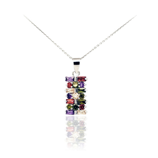 Sterling Silver Double Rectangle with Colored Stones Micro Pave Pendant - HK Jewels