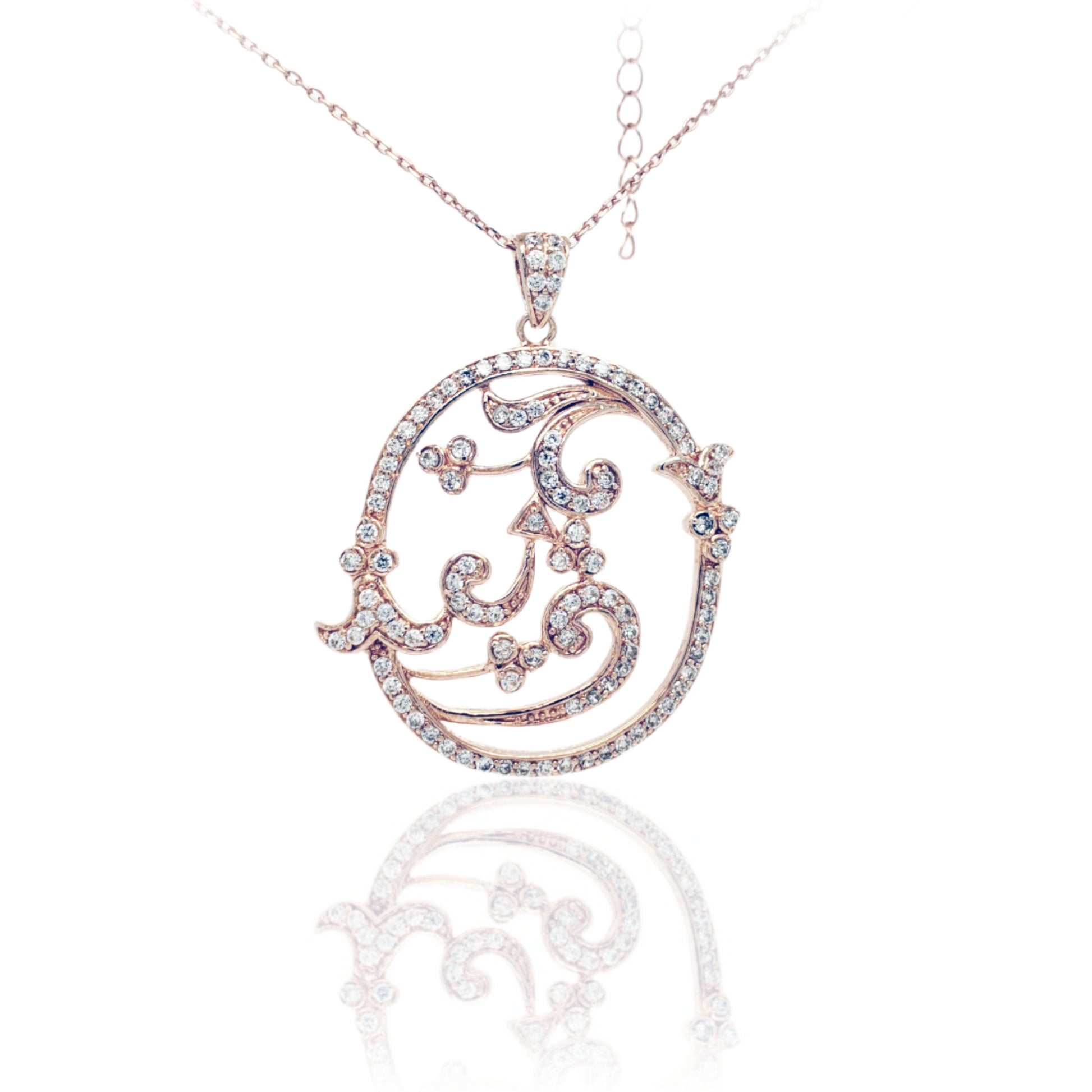 Rose Gold Plated Sterling Silver Oval Design Micro Pave Pendant - HK Jewels