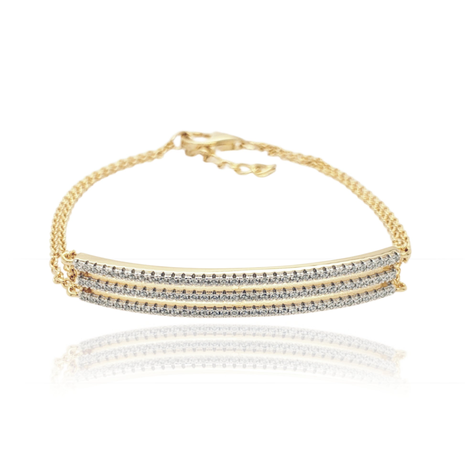 Gold Plated Sterling Silver Triple CZ Bar On A  Double Stranded Chain Bracelet - HK Jewels