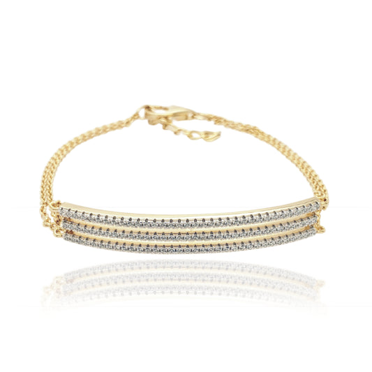 Gold Plated Sterling Silver Triple CZ Bar On A  Double Stranded Chain Bracelet - HK Jewels