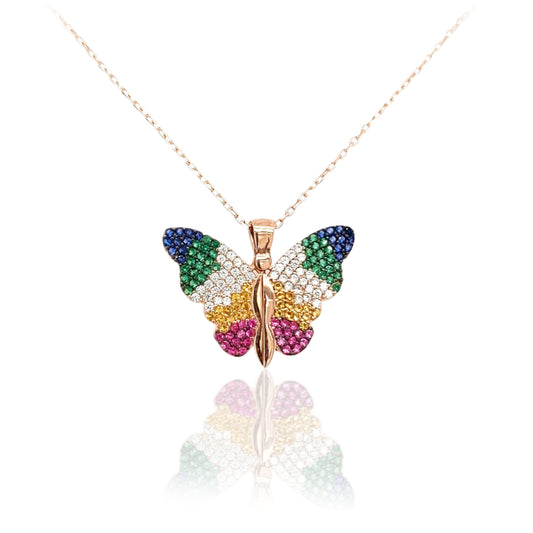Sterling Silver Rose Gold Plated Colorful Butterfly With Heart Behind Pendant - HK Jewels