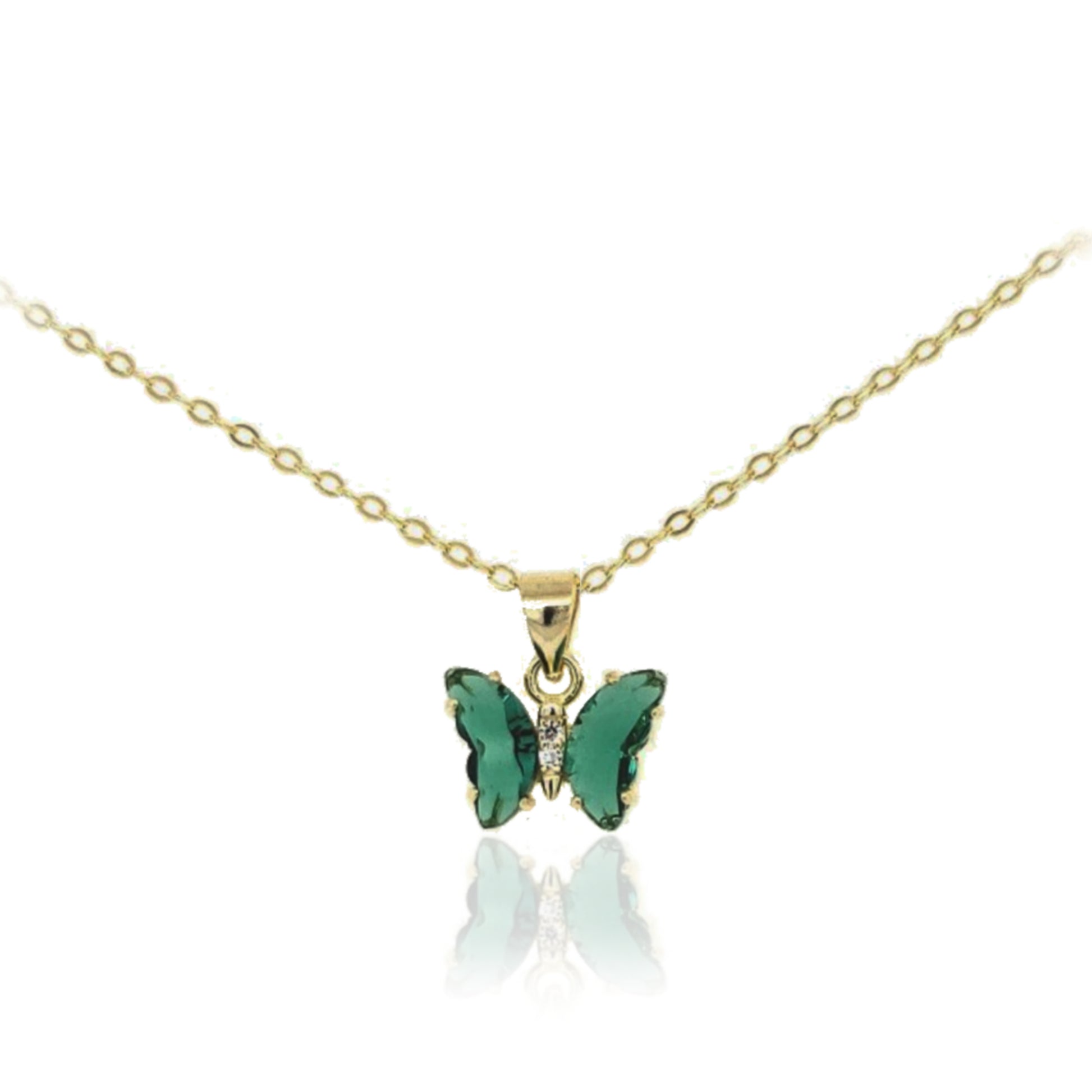 Sterling Silver Gold Plated Green Butterfly Necklace - HK Jewels