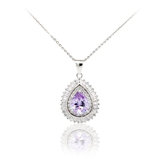 Sterling Silver Teardrop Micro Pave with Purple Stone Pendant - HK Jewels
